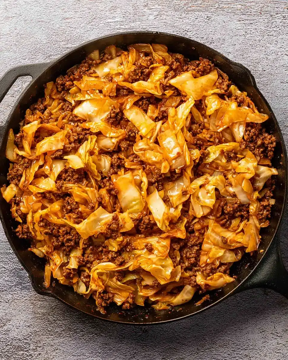 Ground beef and cabbage skillet cooked in tomato sauce