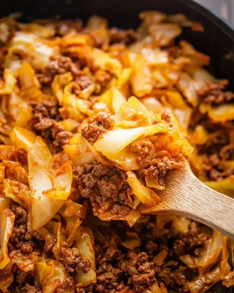 Close-up of ground beef and cabbage being served from skillet