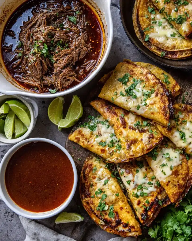Birria tacos with beef, melted cheese, cilantro, and lime slices