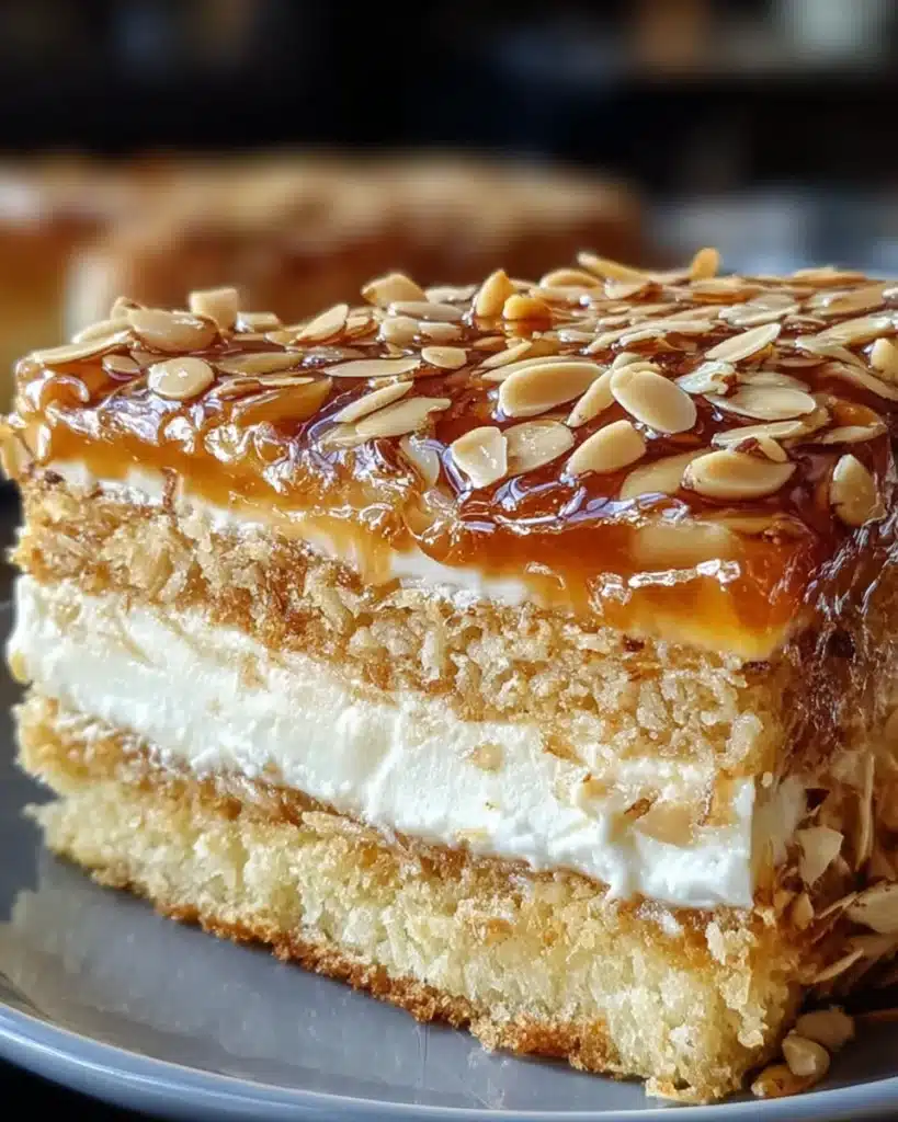 Slice of Bienenstich cake with fluffy vanilla cream and toasted almond topping