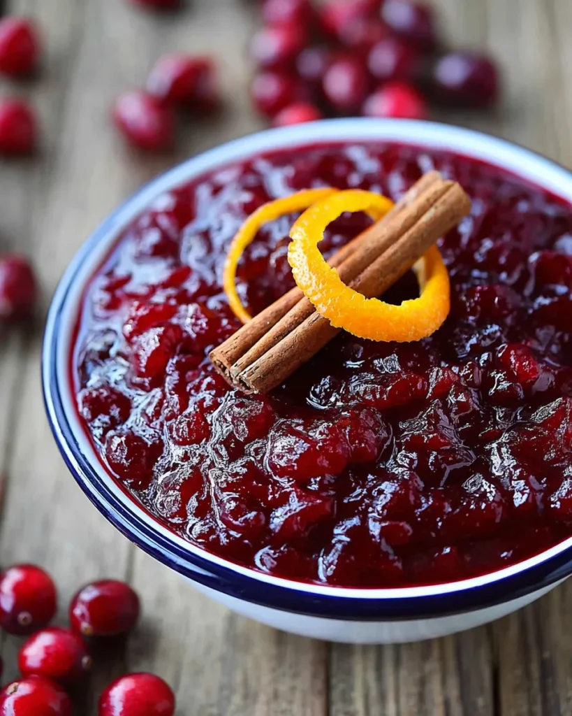 Fresh cranberry sauce topped with cinnamon stick and orange zest in a bowl
