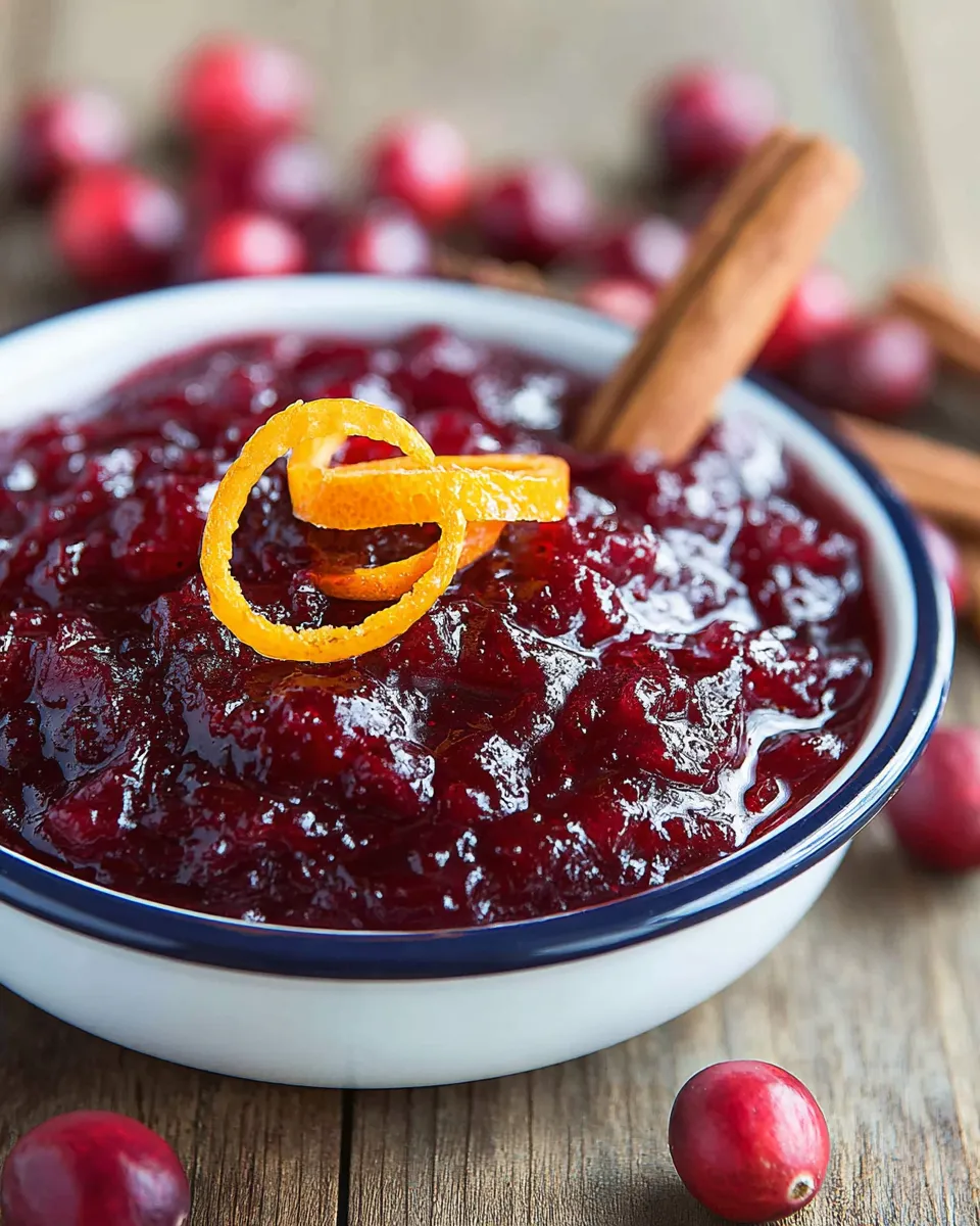 Homemade cranberry sauce with orange peel and cinnamon in a white bowl