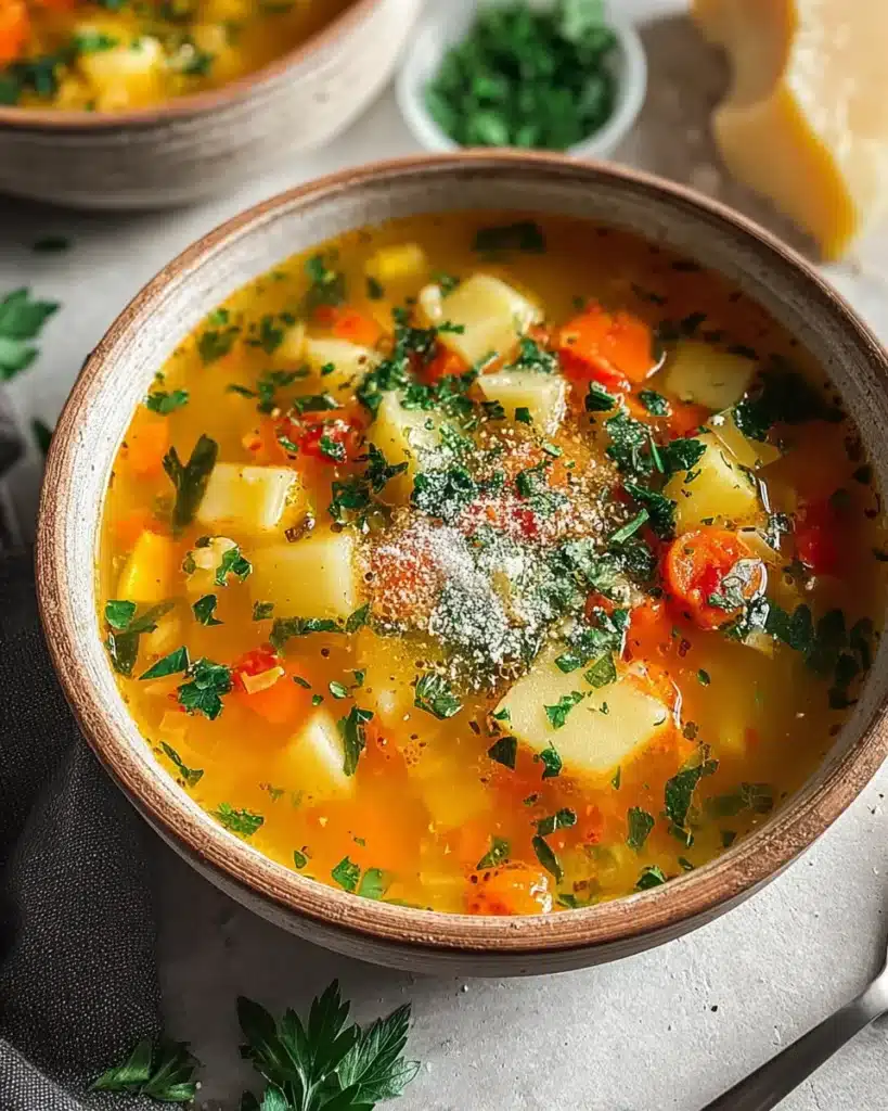 Hearty Italian Penicillin Soup with carrots, potatoes, and fresh parsley