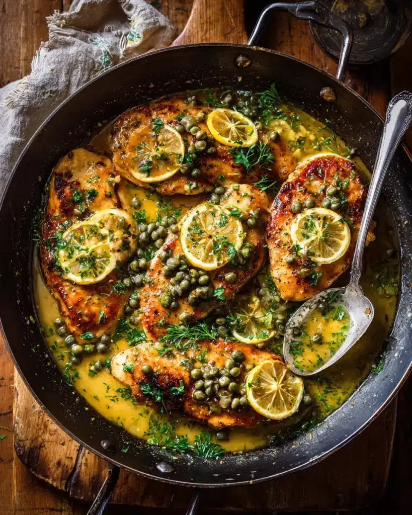 Chicken scallopini with capers and lemon in skillet garlic butter sauce