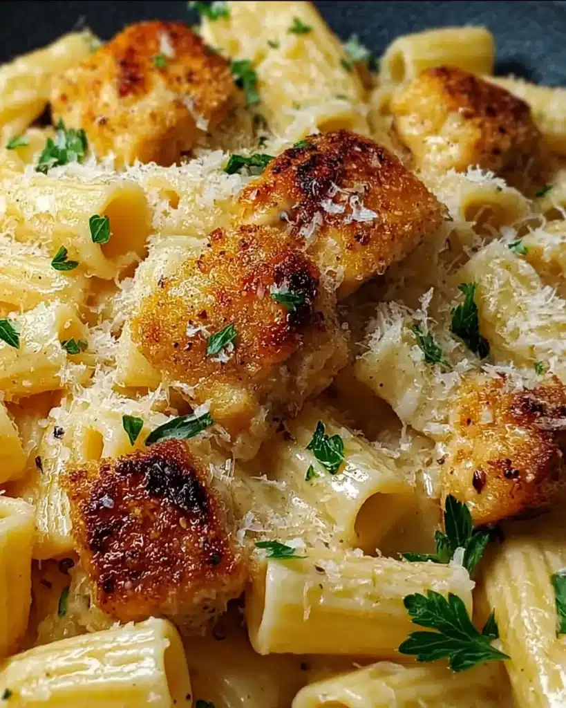 Close-up of Lemon & Garlic Chicken Bites with Creamy Rigatoni Parmesan
