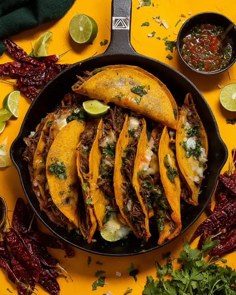 MY FAVE BIRRIA TACOS in skillet with limes and salsa