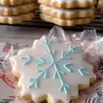 Snowflake sugar cookie decorated with white icing and blue piping detail.