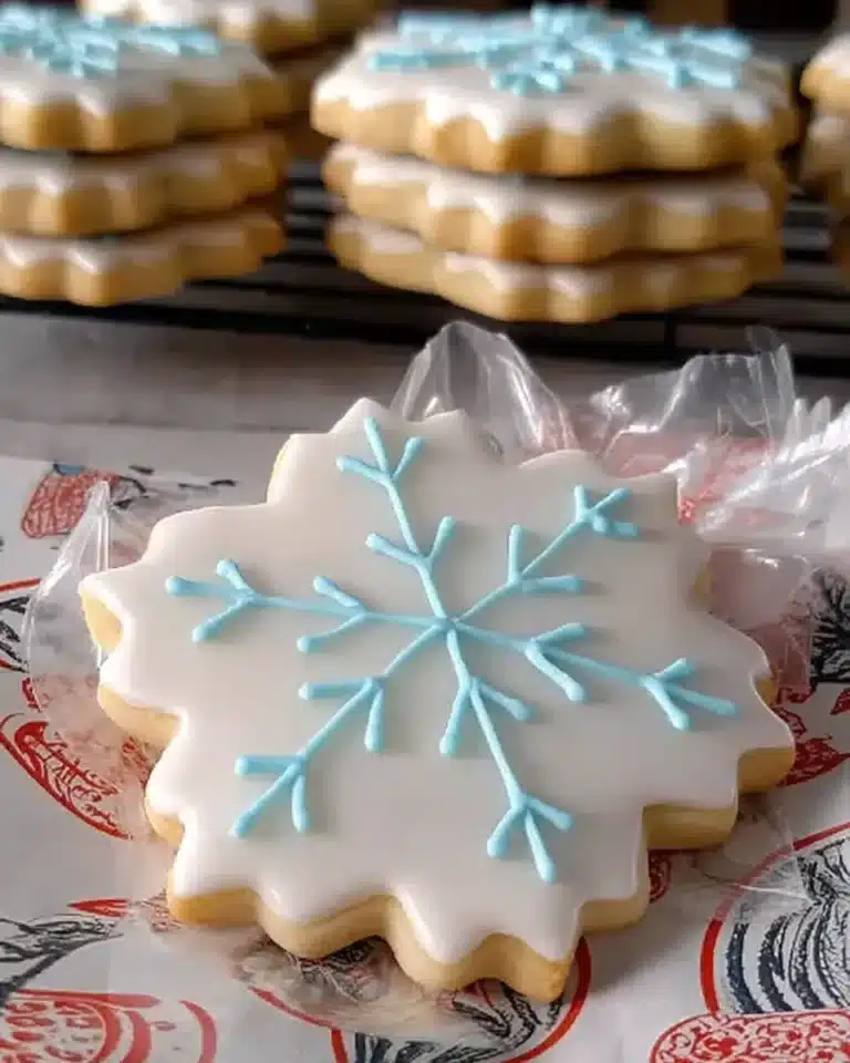 Snowflake sugar cookie decorated with white icing and blue piping detail.