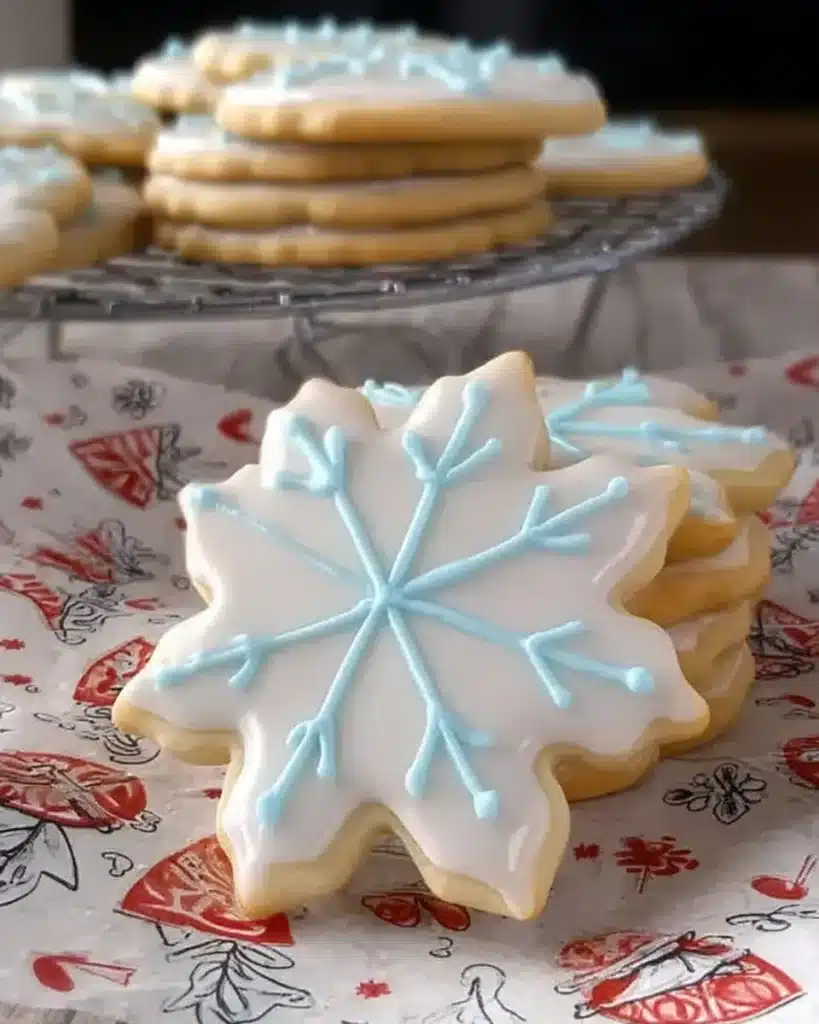 Snowflake-shaped sugar cookies decorated with white and blue Sugar Cookie Icing Recipe.