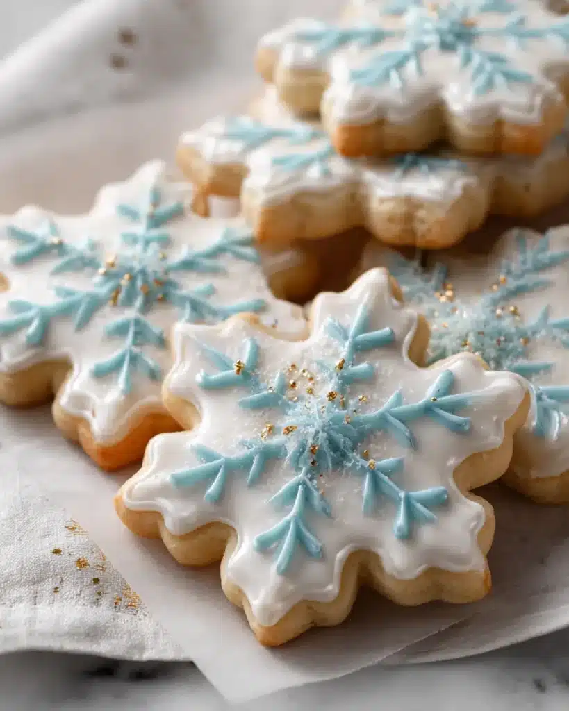 Snowflake sugar cookies with glossy white icing, blue piping, and gold sprinkles.