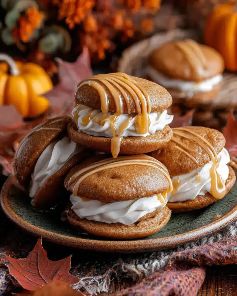 Apple cider whoopie pie cookies with caramel drizzle and buttercream filling on a rustic plate.
