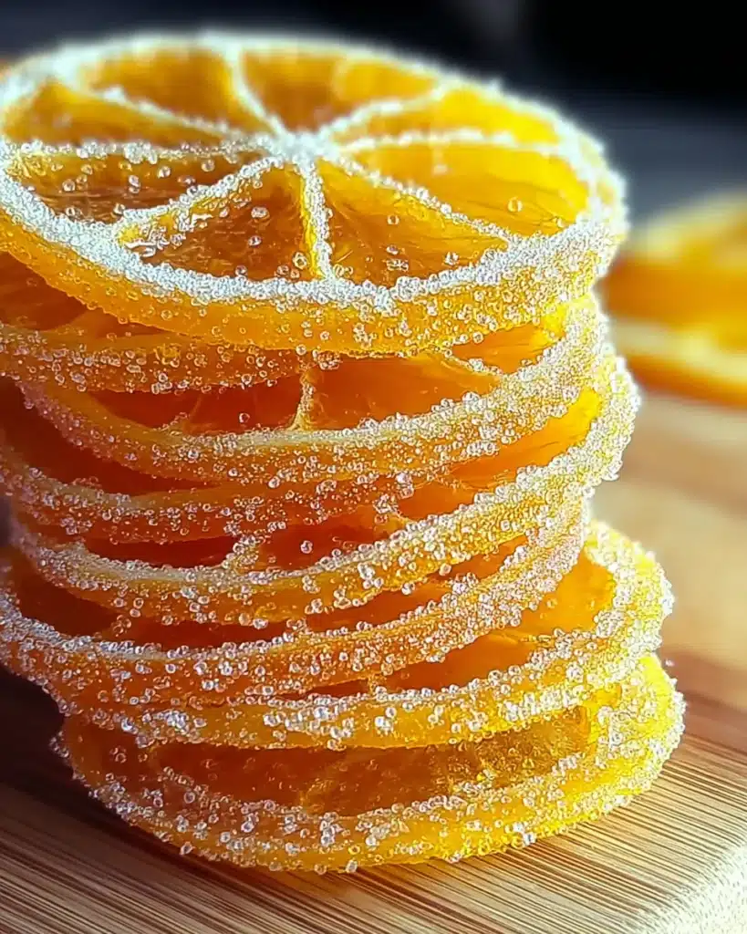 Stack of sugar-coated candied orange slices glowing with citrus sweetness on wooden board.