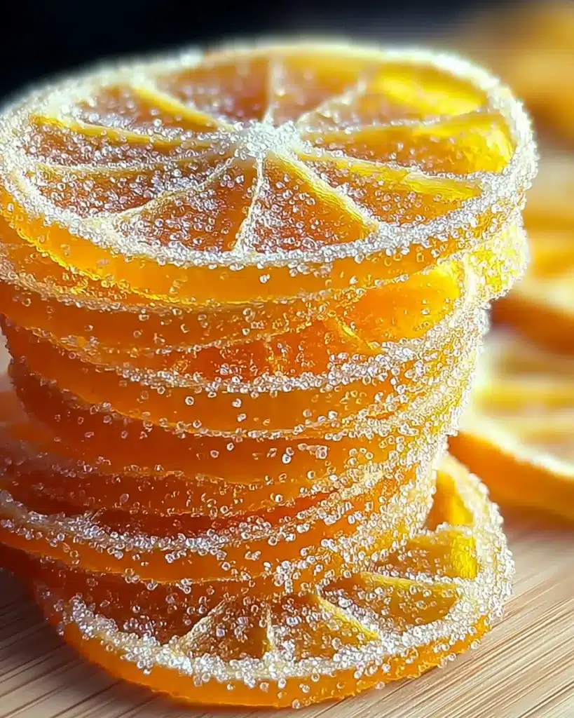 Stack of sugar-coated candied orange slices glowing with citrus sweetness on wooden board.