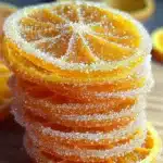 Stack of sugar-coated candied orange slices glowing with citrus sweetness on wooden board.