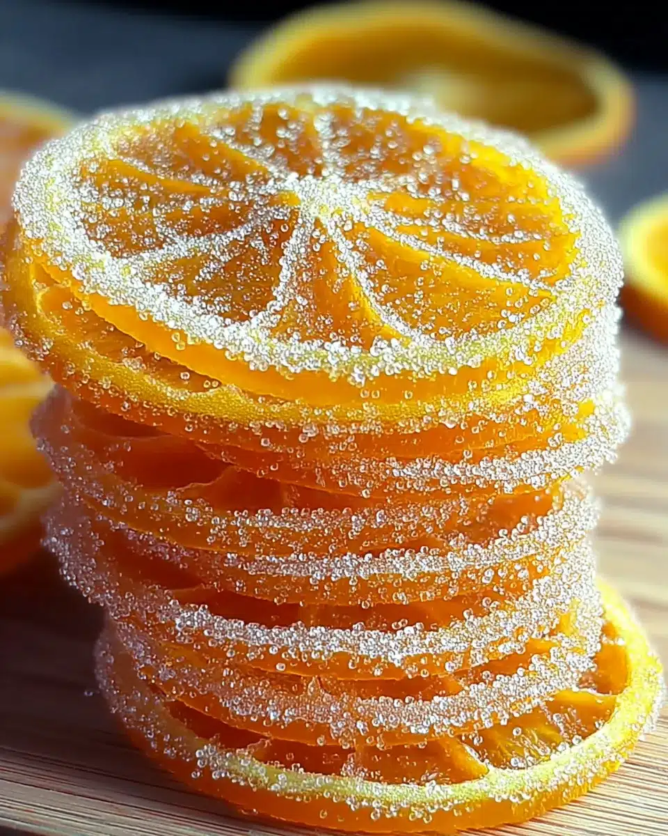 Stack of sugar-coated candied orange slices glowing with citrus sweetness on wooden board.