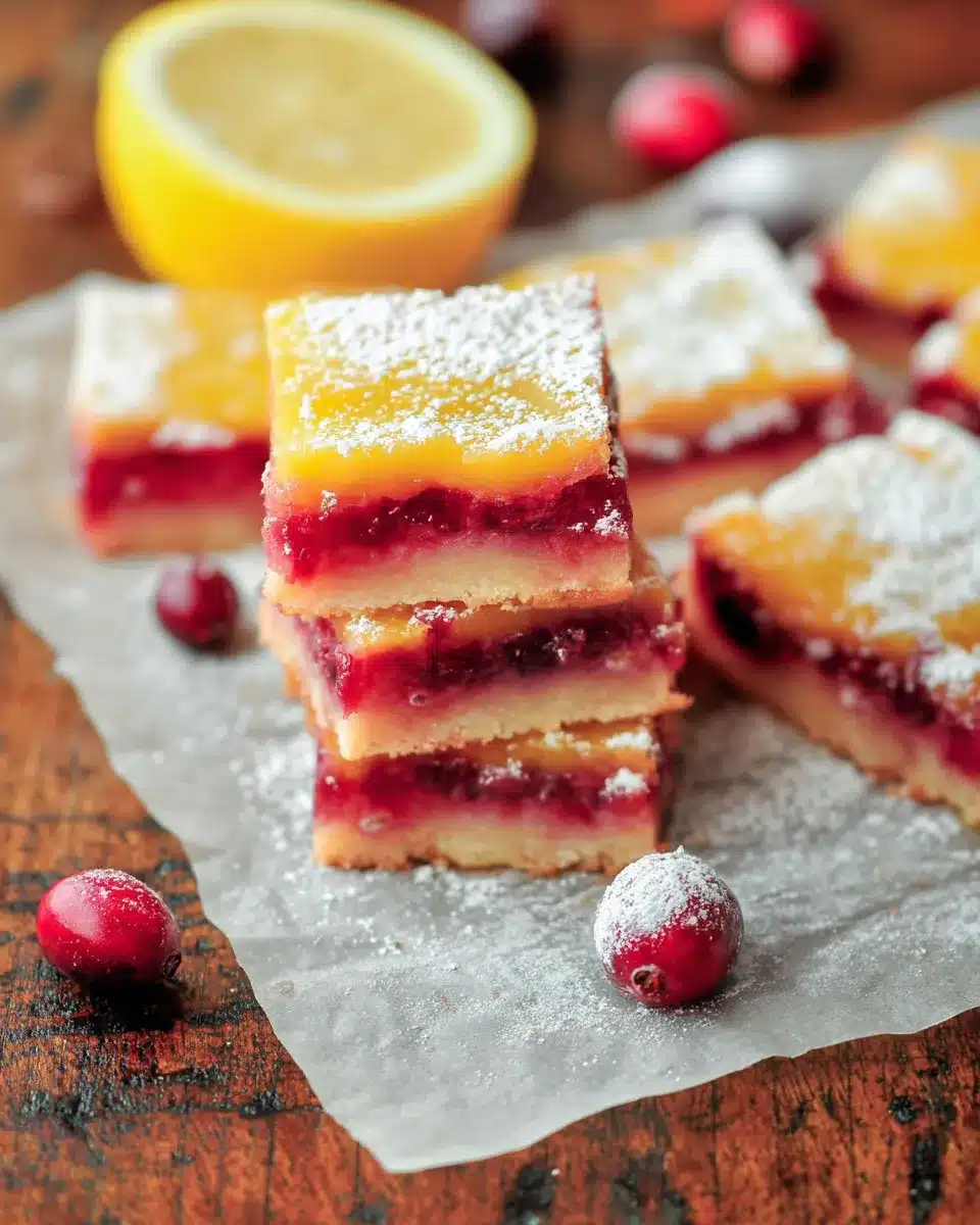 Stack of cranberry lemon bars with powdered sugar on parchment paper