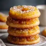 Stack of golden pineapple upside-down sugar cookies topped with coarse sugar