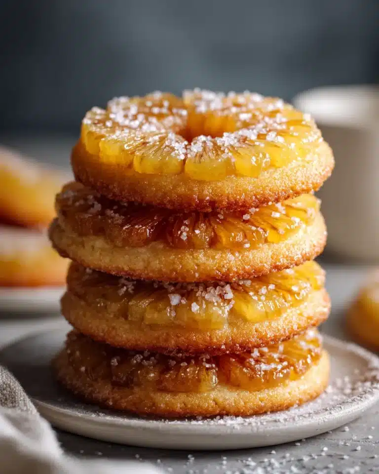 Stack of golden pineapple upside-down sugar cookies topped with coarse sugar