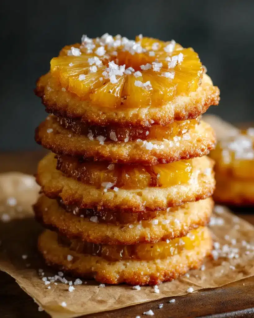 Golden pineapple ring cookies stacked on parchment with coarse sugar