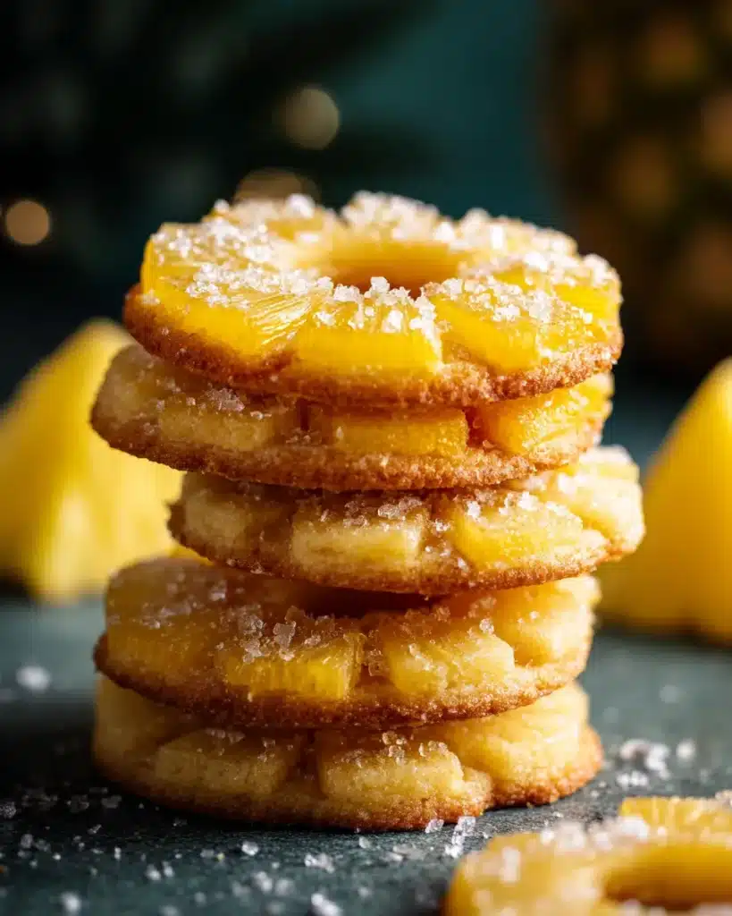 Pineapple Upside Sugar Cookies stacked with coarse sugar on a dark green surface