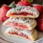 Stack of strawberry jam-filled sugar cookies with white icing and colorful sprinkles