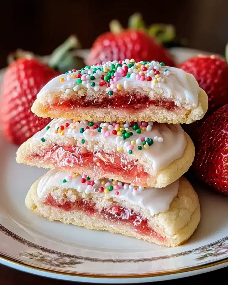 Stack of strawberry jam-filled sugar cookies with white icing and colorful sprinkles