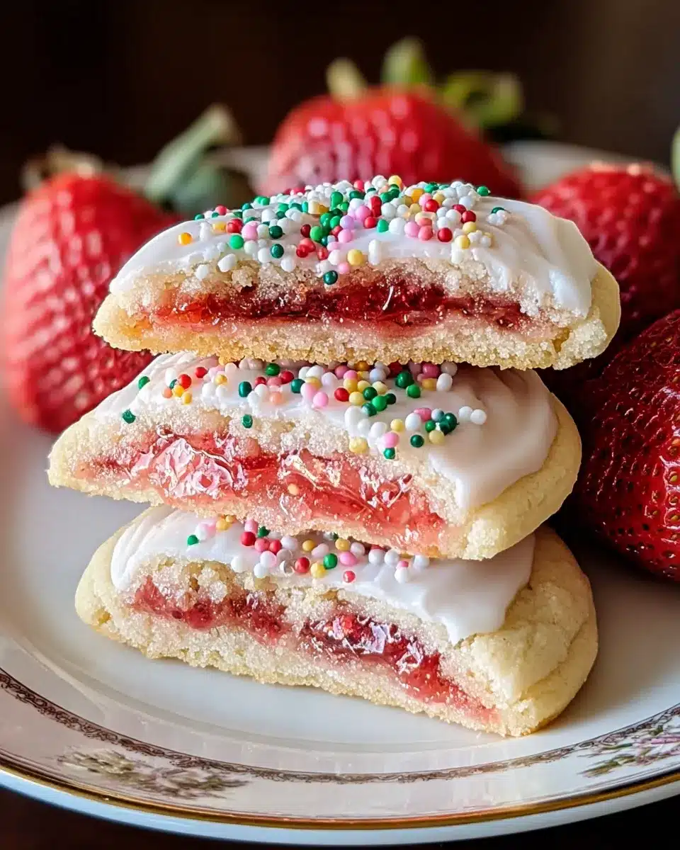 Stack of strawberry jam-filled sugar cookies with white icing and colorful sprinkles