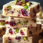 Stack of cranberry pistachio shortbread cookies with festive red and green accents.