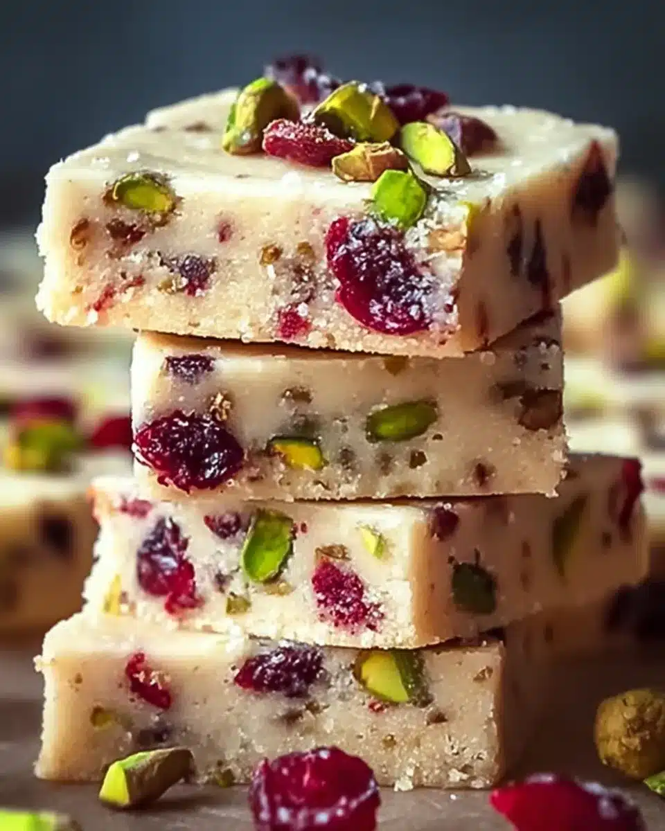 Stack of cranberry pistachio shortbread cookies with festive red and green accents.