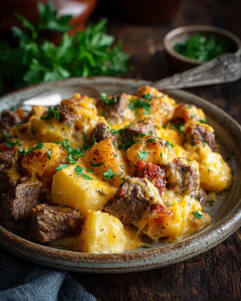 Cheesy steak and potato casserole with fresh parsley on a rustic plate