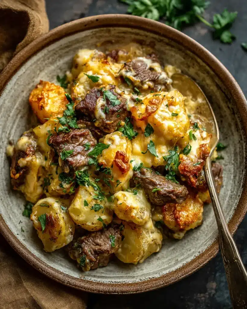 Slow Cooker Steak and Cheddar Potato Casserole