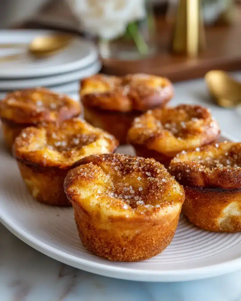 Plate of cinnamon sugar French toast muffins topped with coarse sugar.