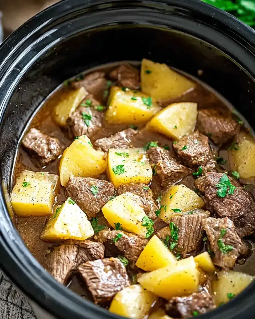 Uncooked steak and potato mixture in slow cooker with broth and herbs