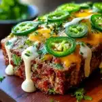 Smoky jalapeño popper meatloaf topped with cheddar, ranch, and fresh jalapeño slices