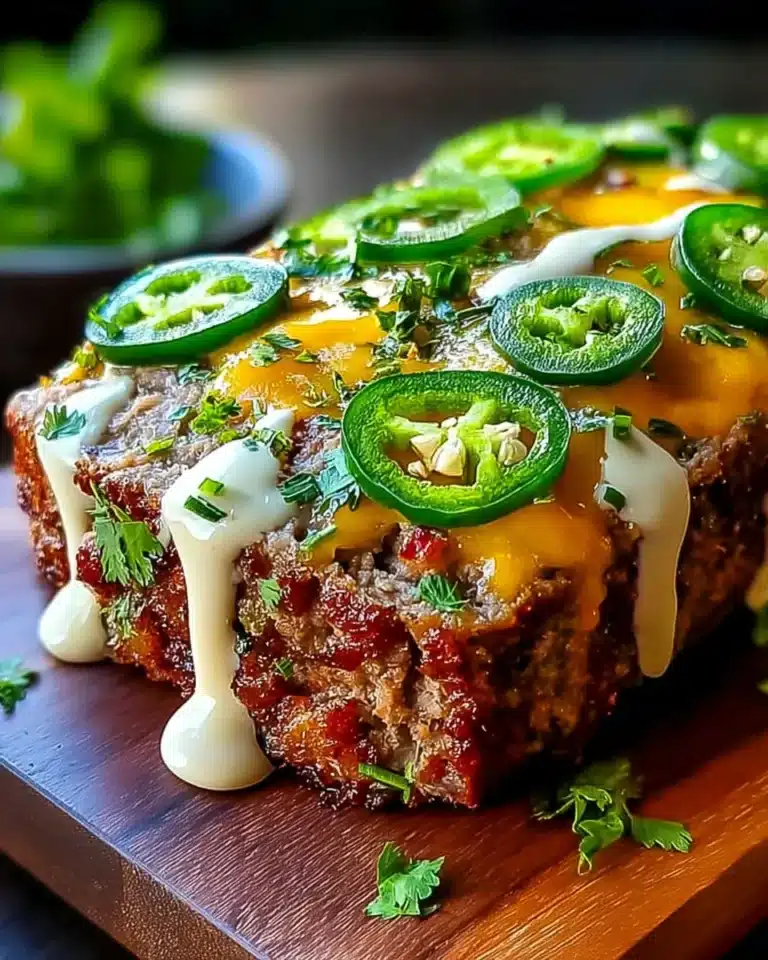 Smoky jalapeño popper meatloaf topped with cheddar, ranch, and fresh jalapeño slices
