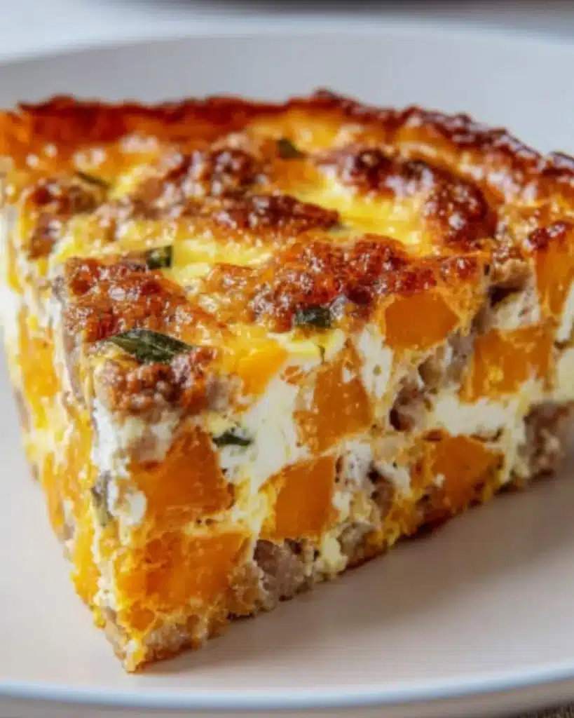 Slice of sweet potato egg casserole with sausage on a plate