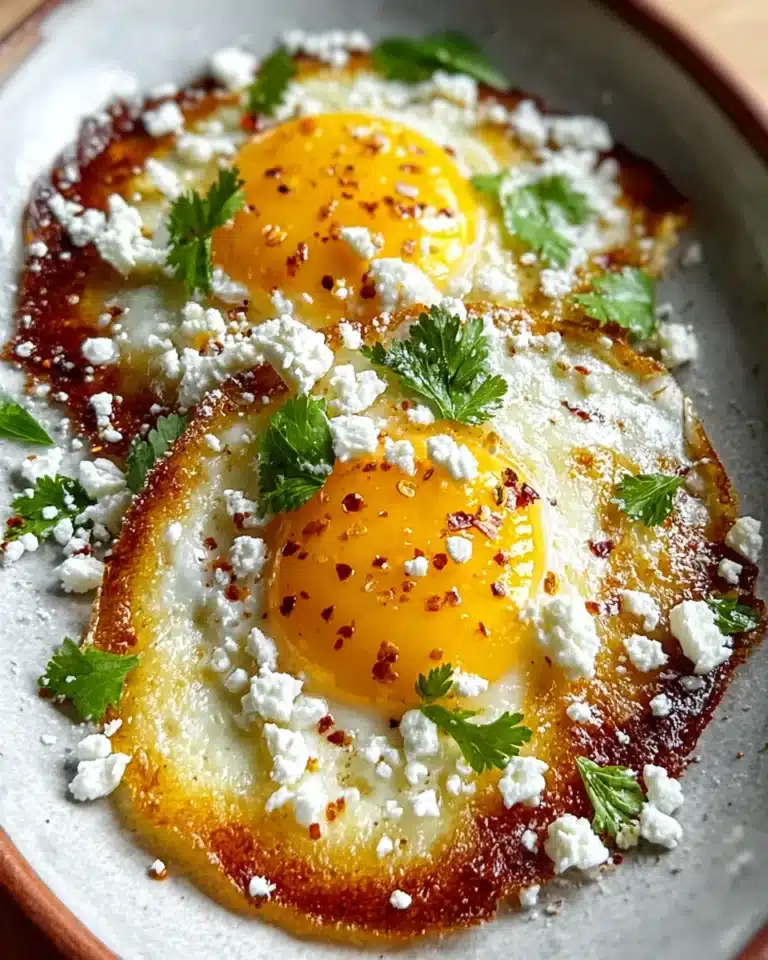 Crispy feta fried eggs with runny yolks, herbs, and red pepper flakes on a ceramic plate.