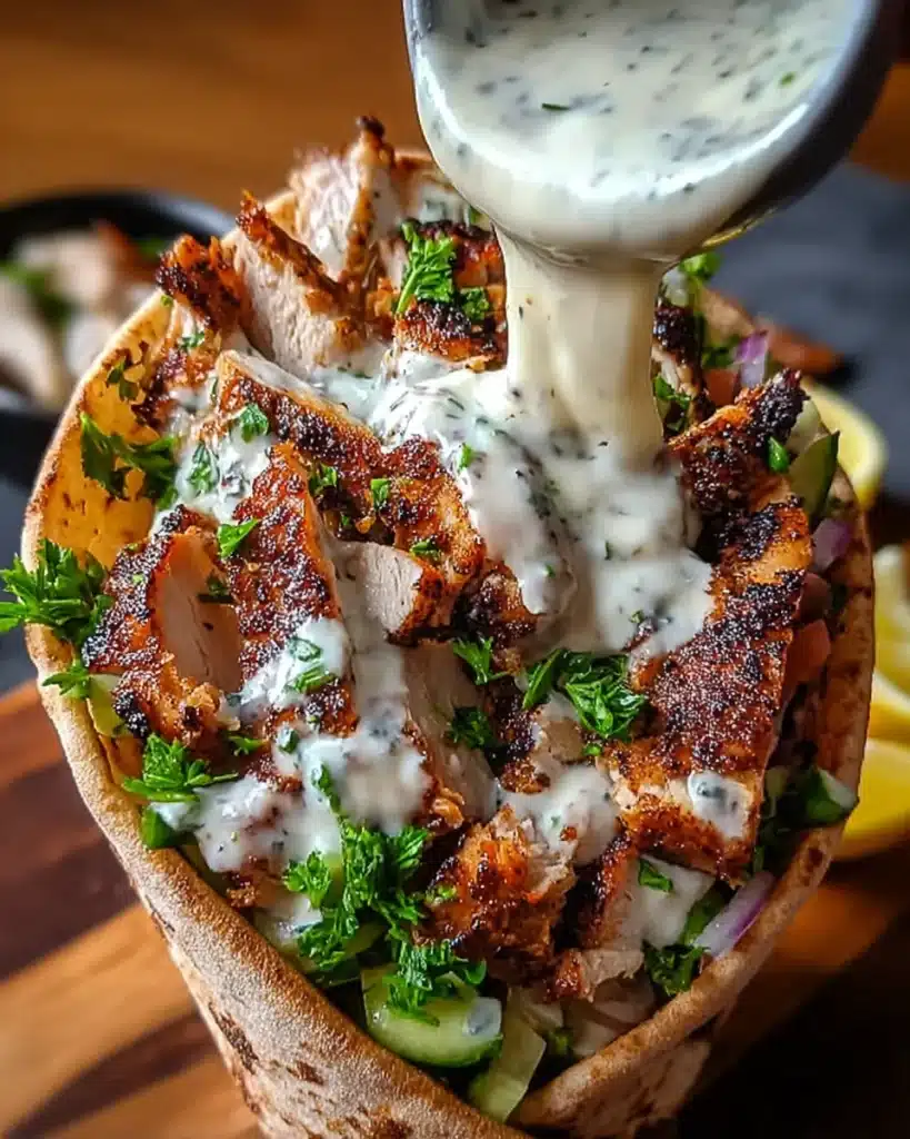 Grilled chicken shawarma in pita topped with creamy garlic sauce.