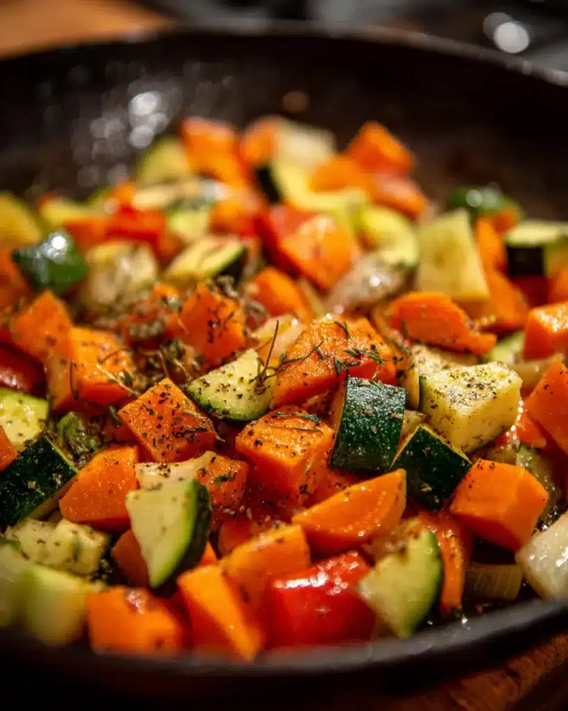 Sautéed zucchini, carrots, and bell peppers with herbs in skillet