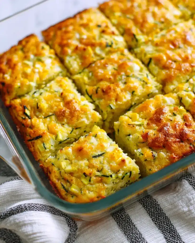 Freshly baked zucchini casserole in glass dish, cut into squares