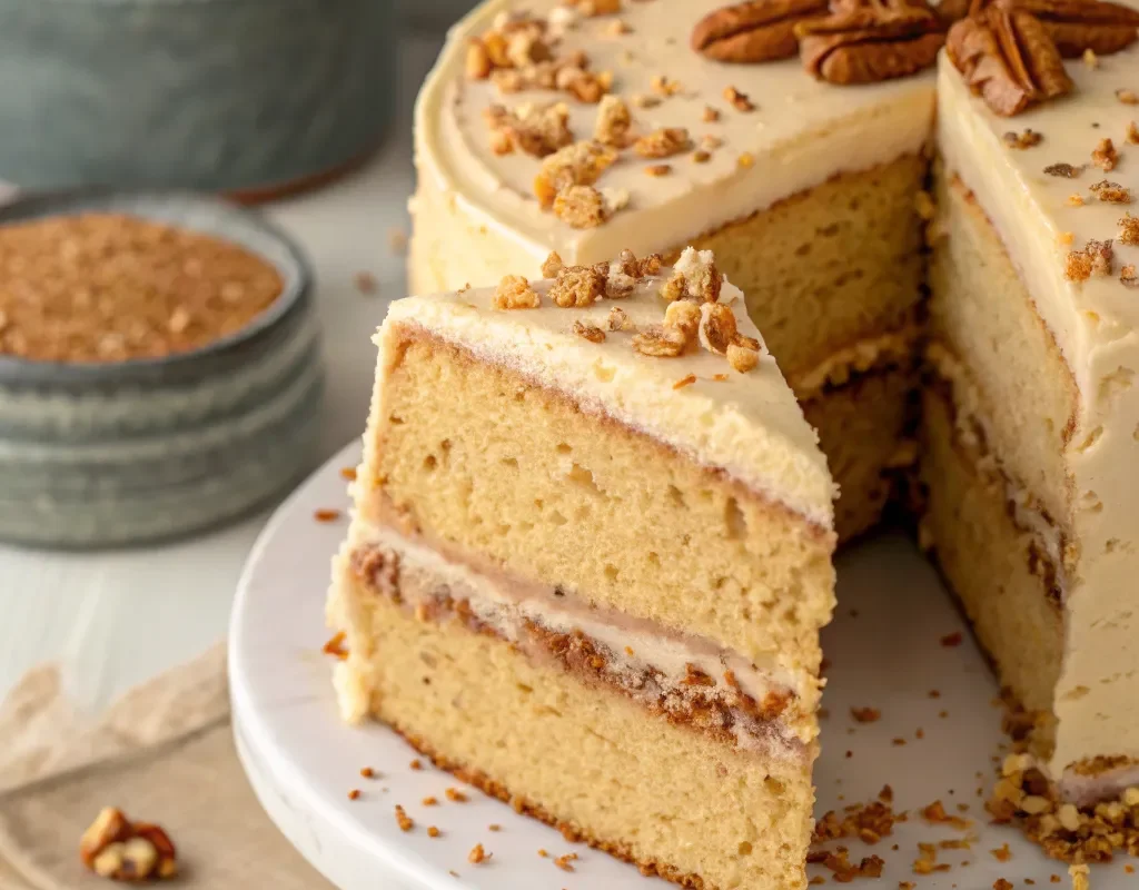 Sliced Southern butter pecan cake with layers of cream frosting